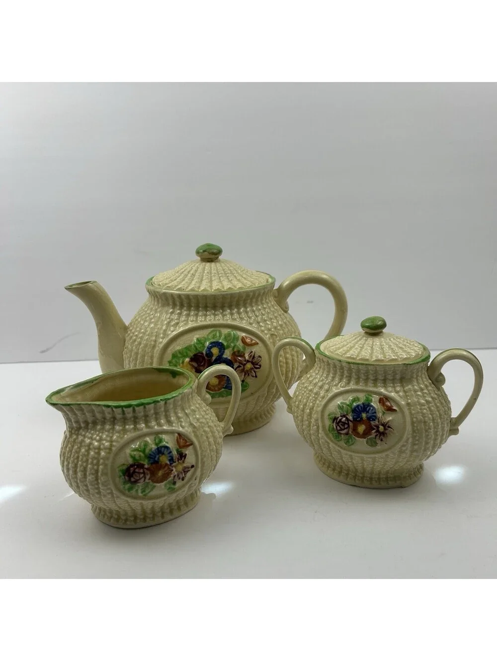 Vintage Made in Japan Hobnail Basketweave Tea Set Teapot Creamer Sugar 3pc ST#41